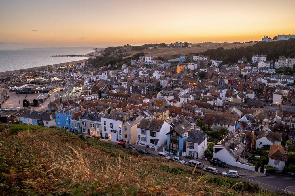 Hastings old town at sunset, East Sussex, England, UK